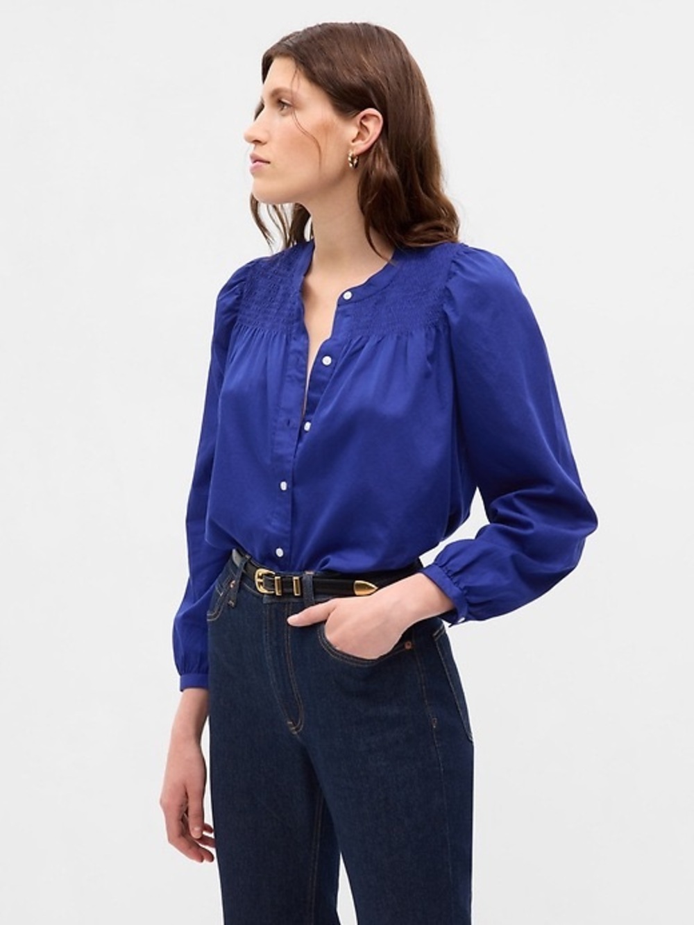 GAP Smocked Yoke Button-Front Blouse in Royal Blue